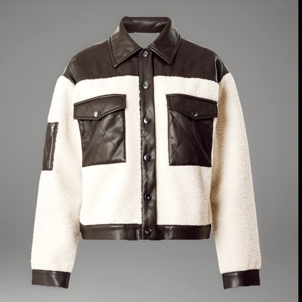 Peter Som Collective Quilted Leather Trim Sherpa Collared Jacket Women's SzLarge